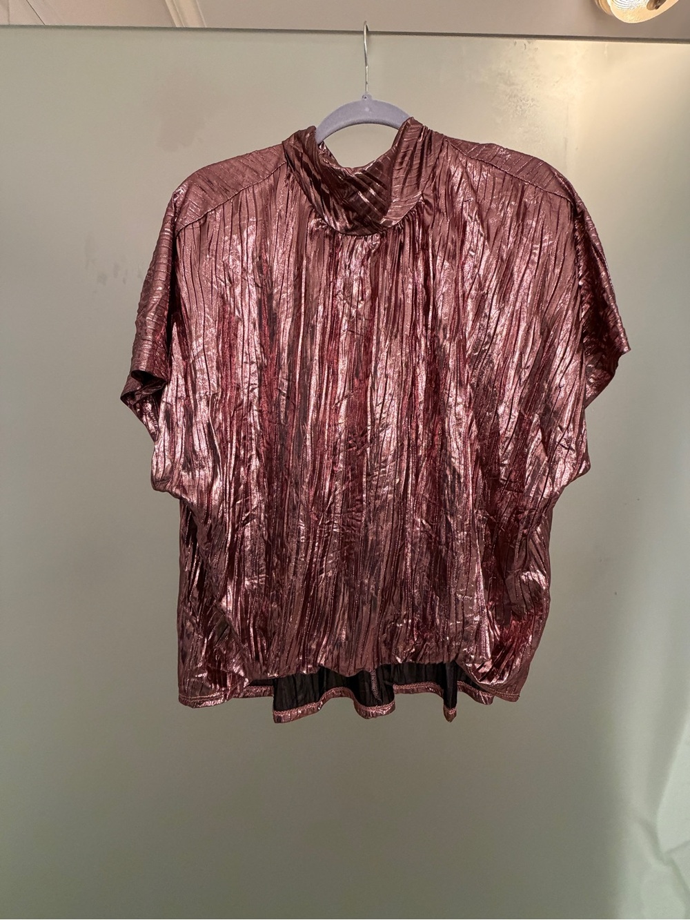 Adrienne Metallic Rose Gold Crinkle Short Sleeve Blouse